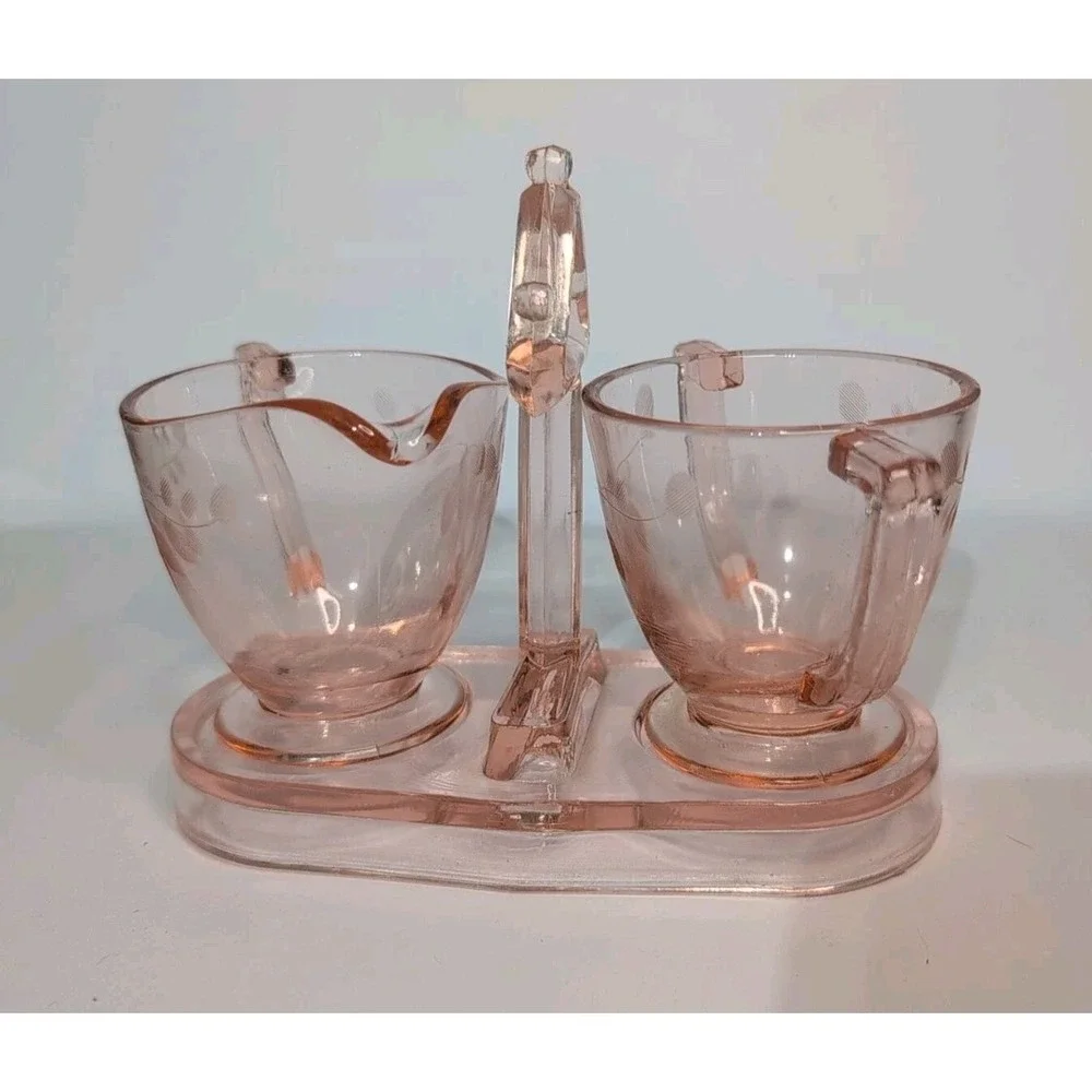 Pink Depression Etched Glass 3-Piece Set: Sugar, Creamer, &  tray coffee tea